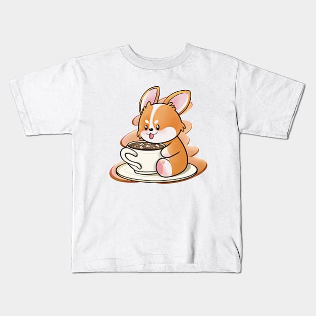 Corgi is drinking coffee Kids T-Shirt by Corgiversal